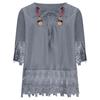 Summer Women Casual Solid Shirt Linen Stitching Lace Flower V-neck Loose Blouse Elegant Holiday Shirts