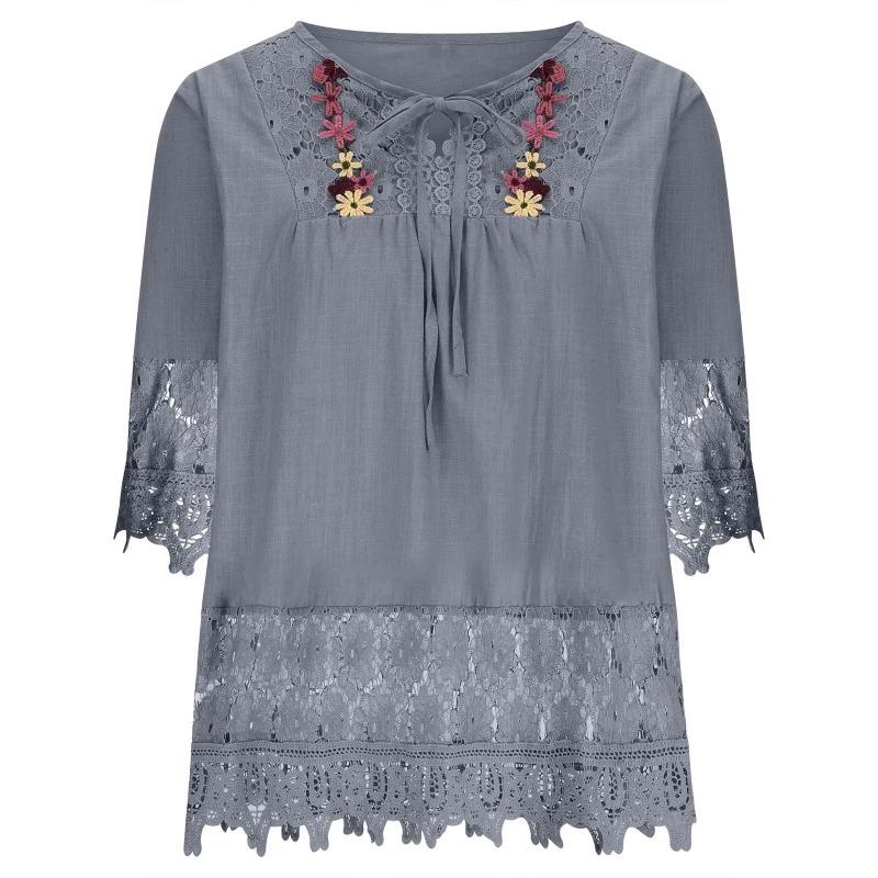 Summer Women Casual Solid Shirt Linen Stitching Lace Flower V-neck Loose Blouse Elegant Holiday Shirts