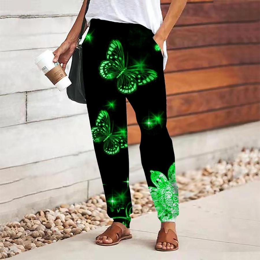 Women Butterfly Printing Pants Lace Up Elastic Waist Loose  Trousers Casual Long Pants Trousers with Pockets