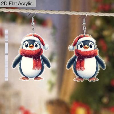 2D Flat Acrylic Cute Christmas Penguin Earrings Dangle Drop Anime Scarf Animals Jewelry Gifts for Women Party Favors Decor