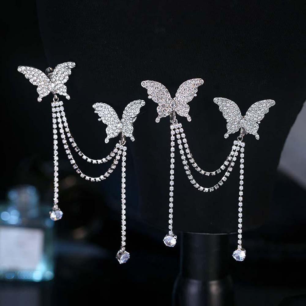 1 pair Luxury Silver Tassel Ear Clip Long Shiny Temperament Eardrops  Women