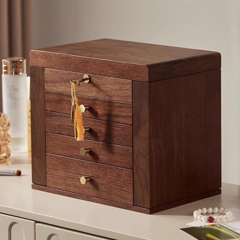 Wood Jewelry Box Large Capacity Earring Necklace Storage Boxes Multiple Drawers Ring Organizer Boxes Retro Jewelry Box with Lock