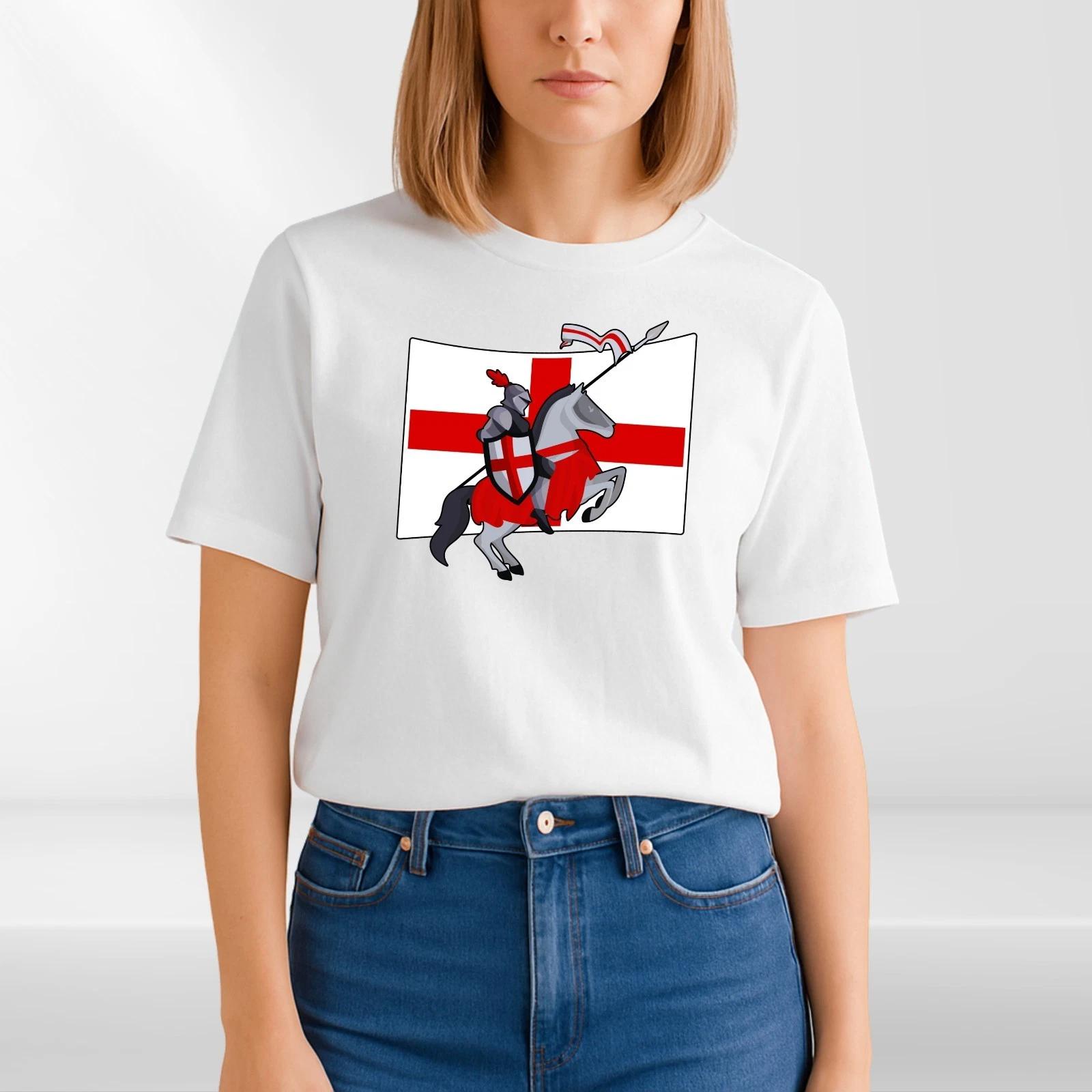 St George Knight England Flag T-Shirt White Cotton Unisex Patriotic Top M