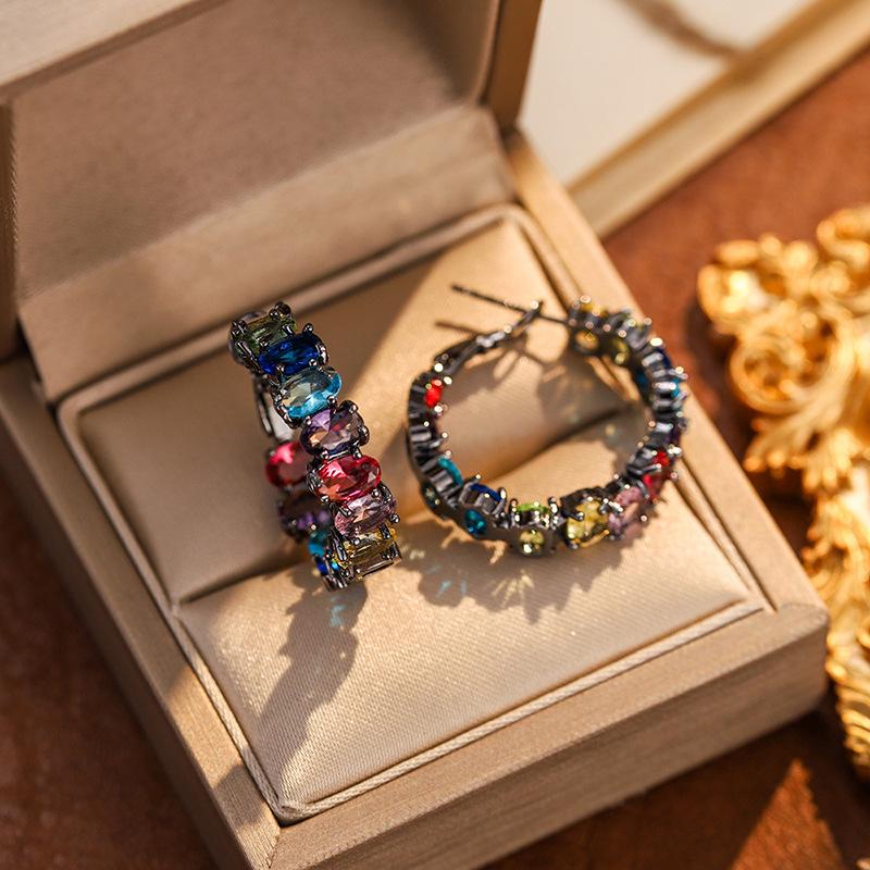 Vintage Statement Funkelnde Schwarze Bunte Zirkonia Steine Creolen Ohrringe Für Frauen Persönlichkeit Neue Ohrringe Großhandel