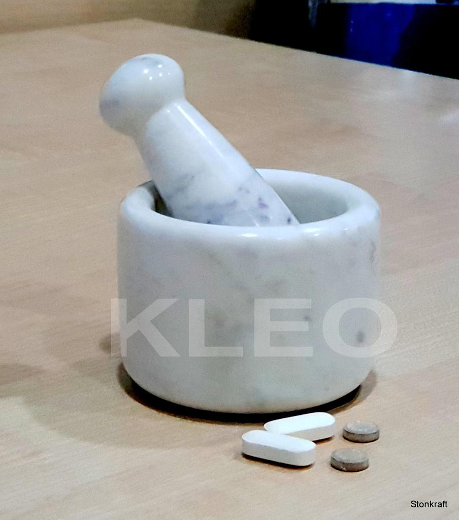 KLEO 2.5" Diameter White Marble Stone Mortar and Pestle Set for Spices, Medicine Pills, and Pills - Small Size