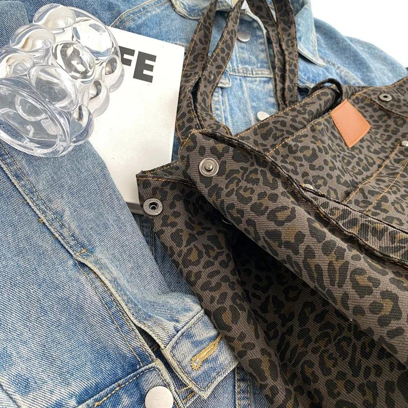 Oversized Leopard Prints Shoulder Bags For Women Deformable Canvas Large Capacity Shopping Totes 2024 Winter New Luxury Handbags