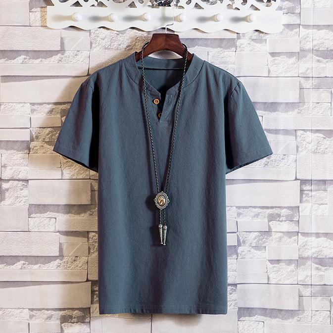 Camicie Estive da Uomo Bottoni Larghe Casual Maschili Scollo a V Manica Corta Harajuku Cotone Lino Maglietta Top