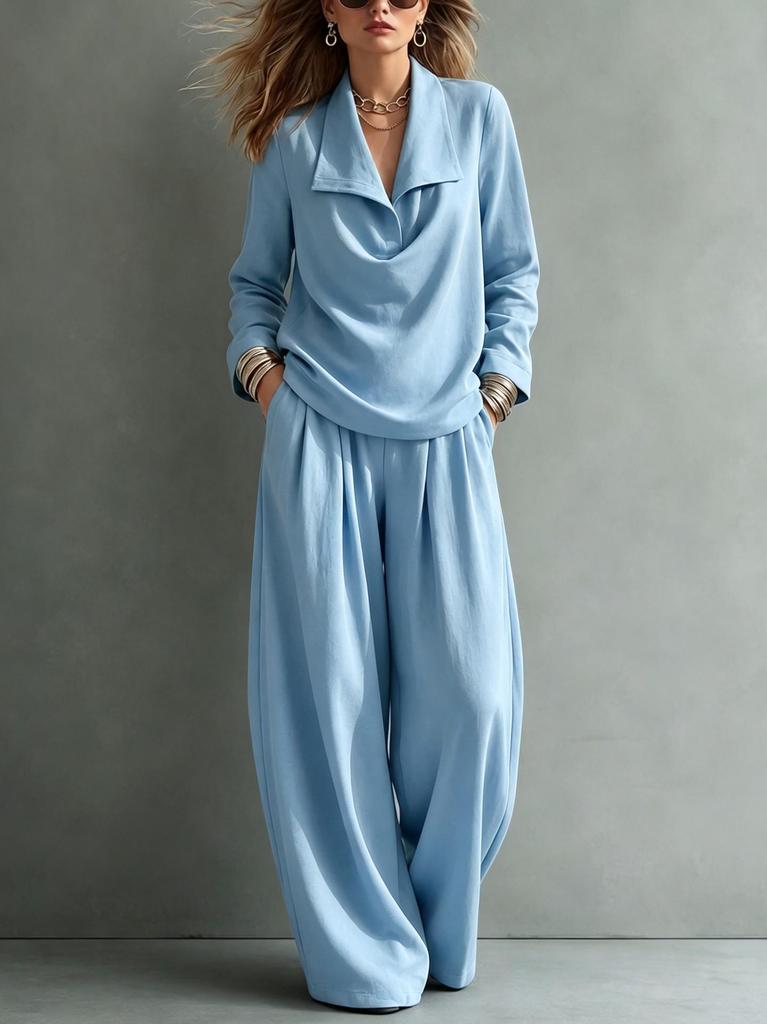 European & American Women's Autumn/Winter Lapel Hoodie Set with Pocket Long Pants