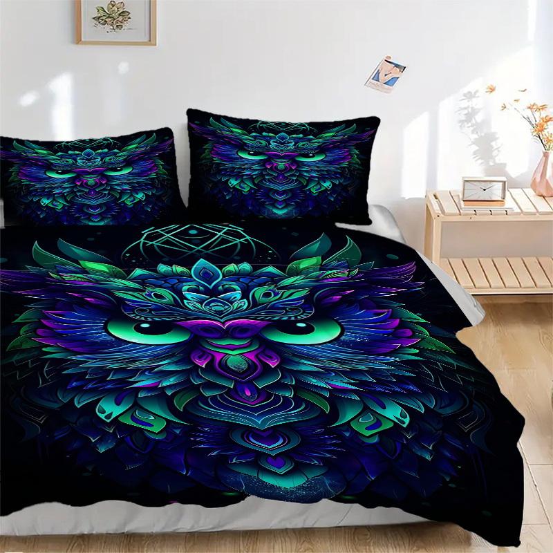

3pcs Neon Owl Artwork Duvet Cover Set - Machine Washable, Includes 1 Cover and 2 Pillowcases, No Core Included yy251013113 135x200cm