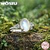 WOSTU 925 Sterling Silver Natural Oval Moonstone Ring For Women Rainbow Three Stone Rings Engagement Anniversary Jewelry Gift