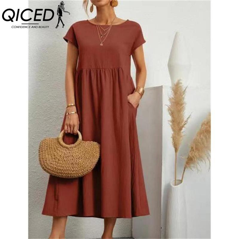 QICED Women's Fashion Summer Spring Solid Color Print O-Neck High Waist Casual Dresses