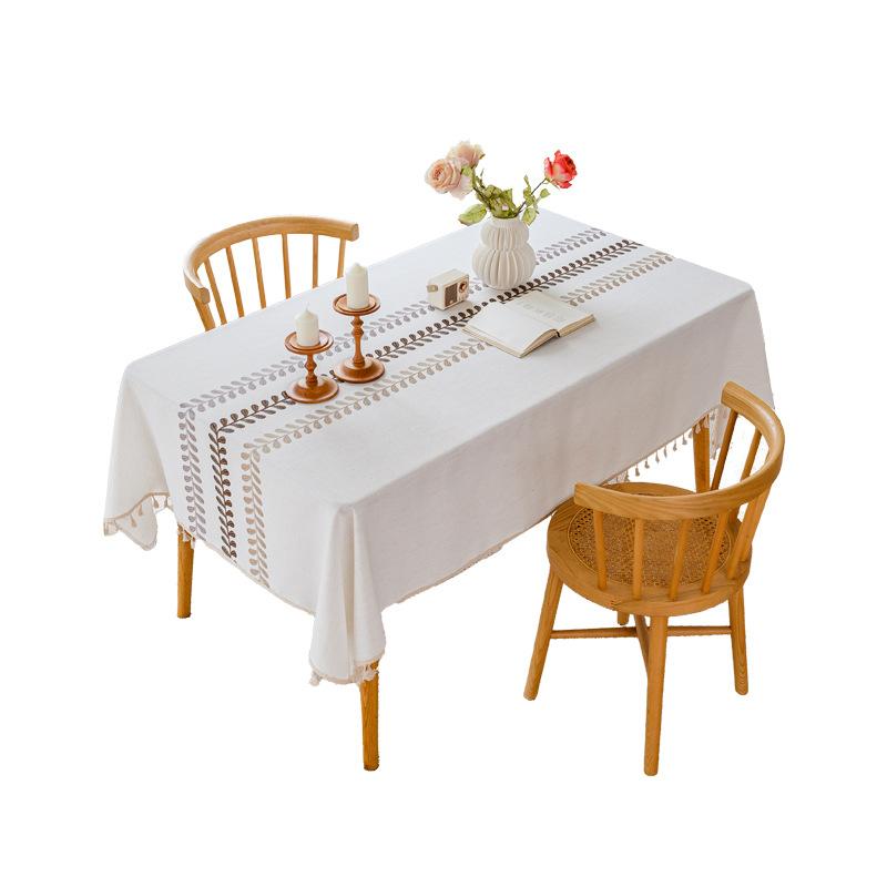 Embroidery High-Grade Waterproof Cotton And Linen Fabric Dining Table Cloth Rectangular Fringe Simple Tablecloth