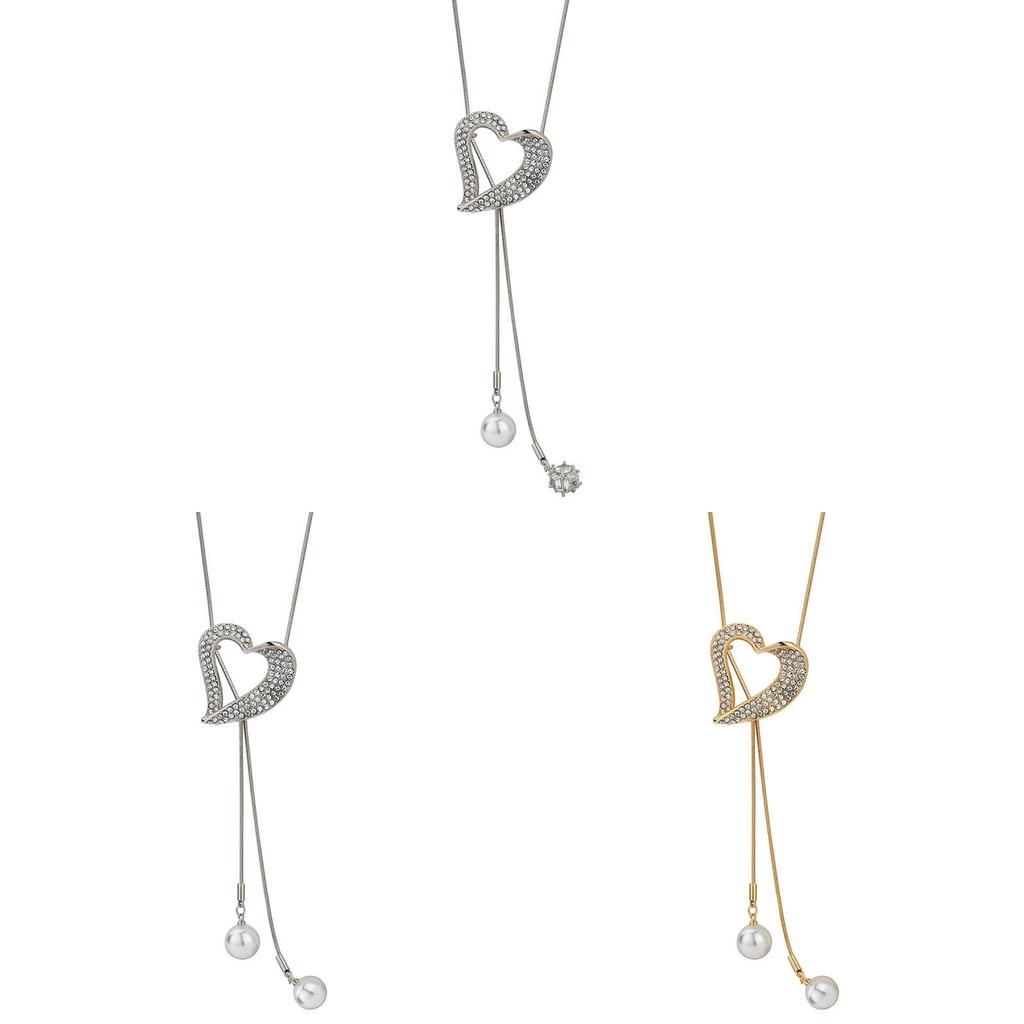 Fashion Heart Shape Pearl Crystal Long Necklace For Women With Zircon Decor