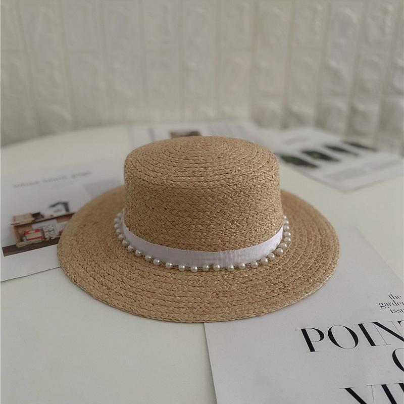 Vintage Pearl Flat Top Raffia Hat Women's Spring Summer Sun Protection Visor Hat Versatile Beach Hat Top Hat