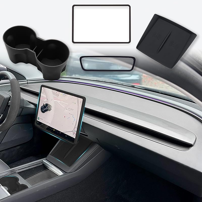 4PCS Center Console Wireless Charger Mat Silicone For 2025 Tesla New Model Y Juniper Cup Holder Ert, Screen Edge Protector Frame, Rear View Mirror