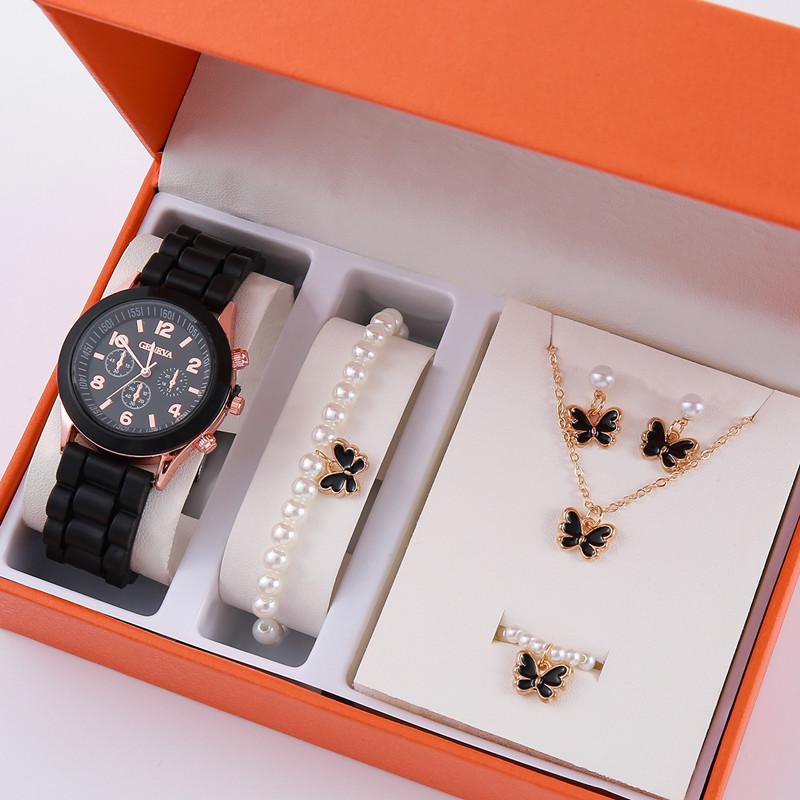5Pcsset Steel Belt Women'S Watch Fake Three-Eye Women'S Casual Quartz Watch Jewelry Gift Box