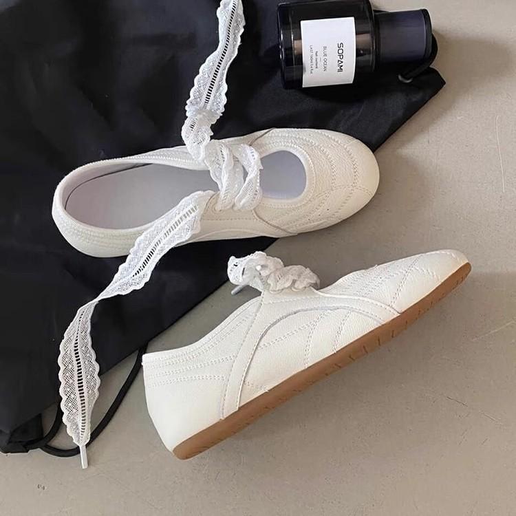 French stunning lace-up ultra-soft leather little white shoes women's round head casual versatile soft-soled ballet Mary Jane shoes women