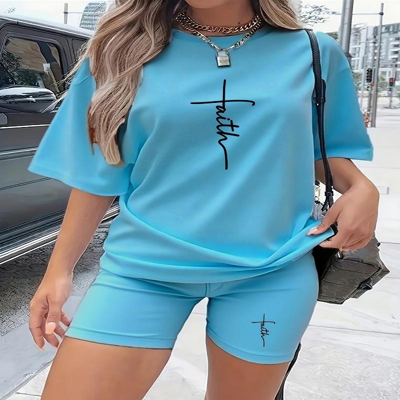 Women's Casual Faith Cross Letter Pattern T-Shirt Short Sleeve Shorts Set