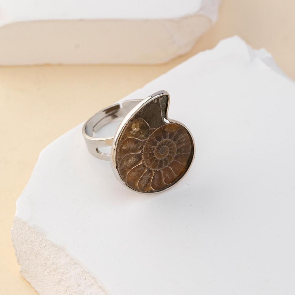 European and American Style Ammonite Conch Slice Ring, Copper-Plated White, Adjustable Open Design