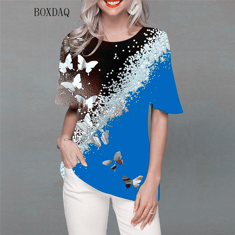 

Уличный стиль с принтом в виде бабочек, женские рубашки с коротким рукавом, повседневные блузки с 3D-градиентным принтом, свободные свитера с круглым вырезом, топы 6XL