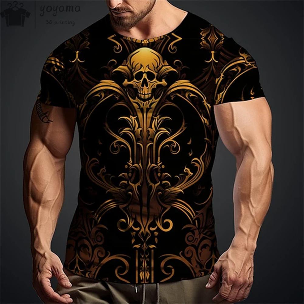 Summer Round Neck 3D Vintage Horror Skull Pattern Print Top Fashionable Casual Short Sleeved Men's T-shirts