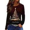Women's Fashion Casual Slit Hem Round Neck Long Sleeve Loose Christmas Printed T-Shirt Ladies Top