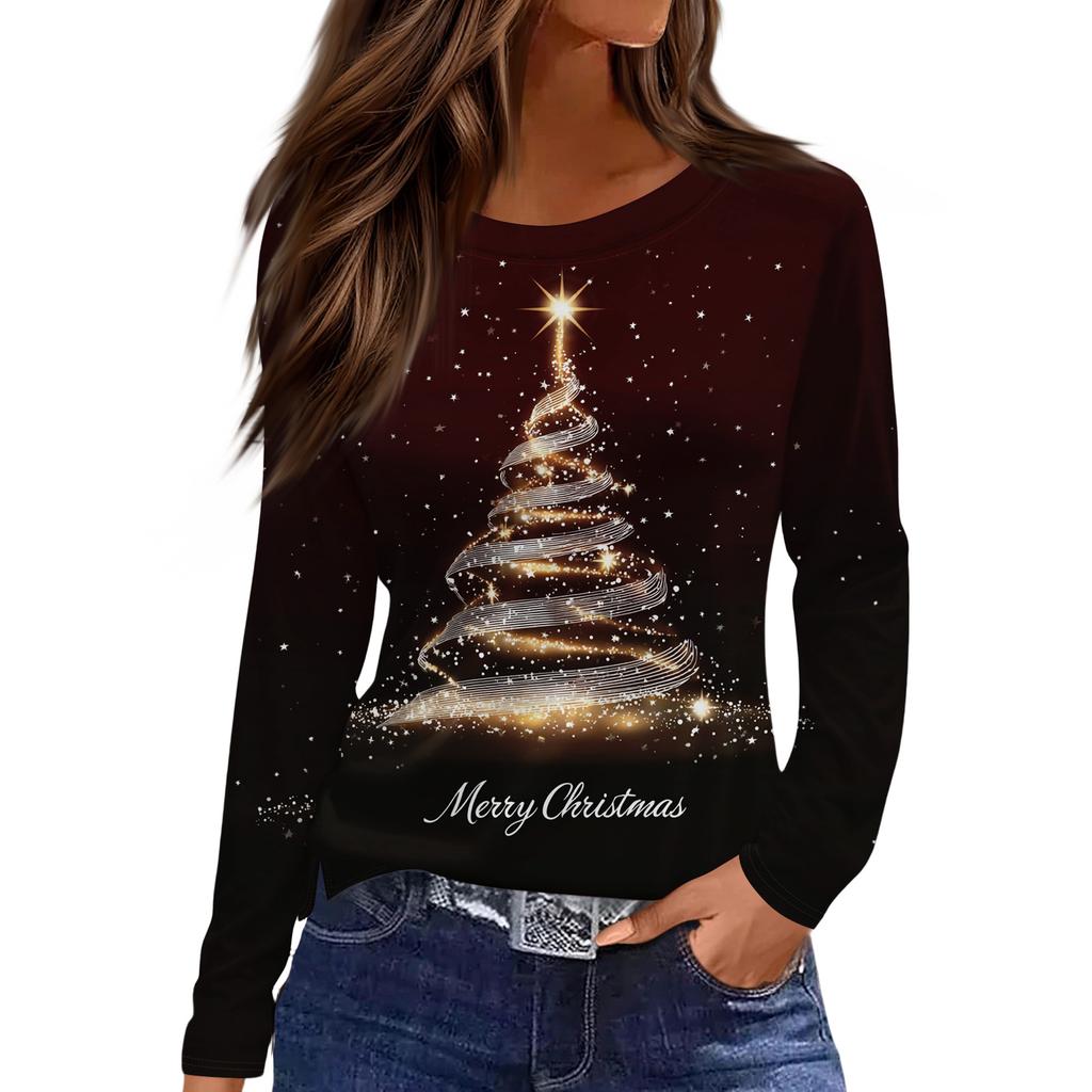 Women's Fashion Casual Slit Hem Round Neck Long Sleeve Loose Christmas Printed T-Shirt Ladies Top