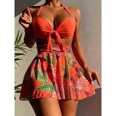 3-teiliger tropischer Bikini-Halter-Push-Up-Badeanzug und Strandhemd Bademode Frauen 2024 Badende Badeanzug Weibliche Bademode