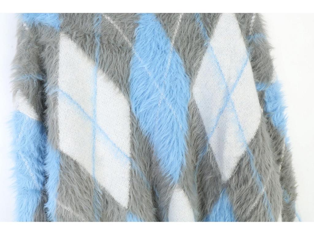 Women's French Argyle Pullover: Soft, Fluffy, Loose-Fit Color Block Sweater for Autumn/Winter, Versatile Round Neck Knit Design.