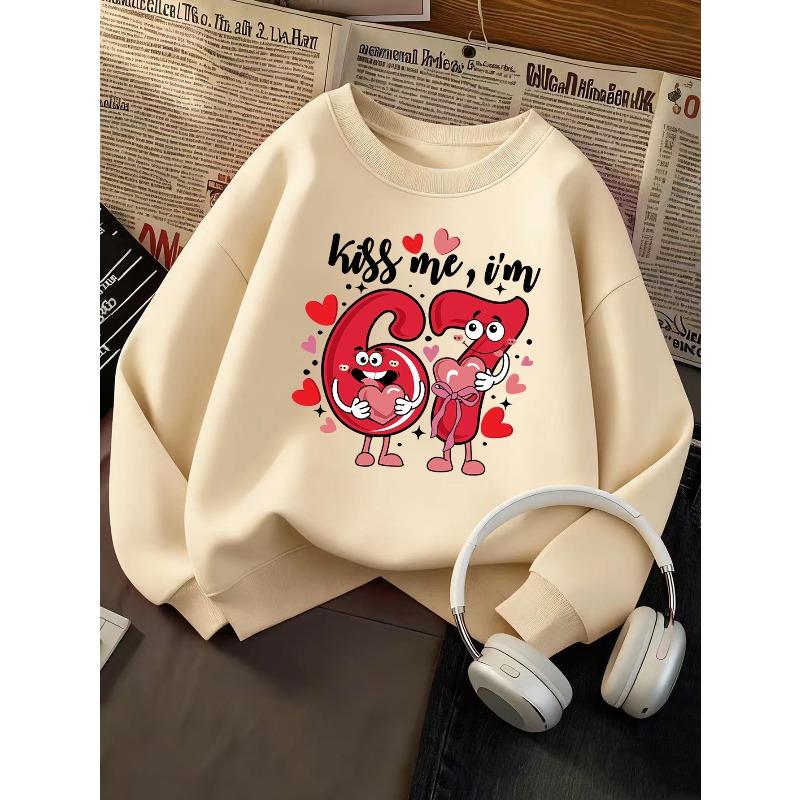 Kids Unisex Sweatshirt, Cute Cartoon Number 67 Kiss Me I'm Heart Print Pullover, Boys Girls Long Sleeve Birthday Sweatshirt For Kids Over 4 Years Old