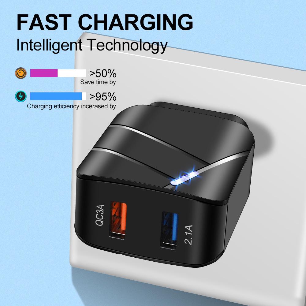 Dual Port USB Charger: QC3.0 & 2.1A Multi-Port Fast Charging Head, US/EU Compatible Travel Adapter