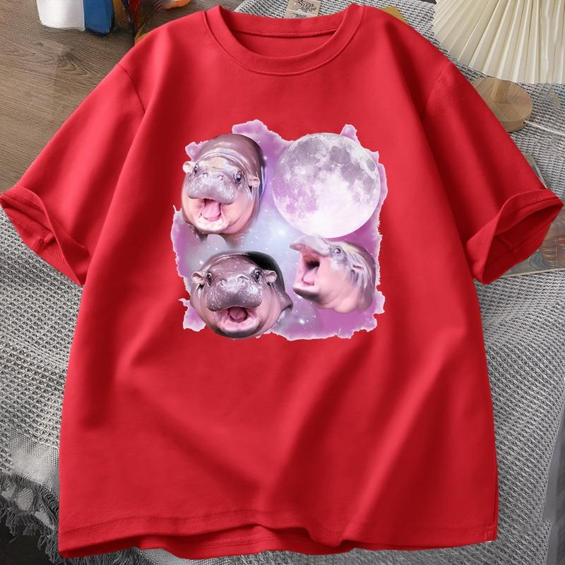 Three Moo Deng Moon Tshirt Unisex WOMEN Fuuny Cartoon Cute Moodeng Tshirt Cotton Short Sleeve O Neck Unisexs WOMEN Clothing Tops