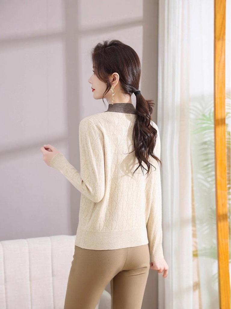 Women's Knit Pullover Sweater: Semi-High Neck, Two-Piece Look, Autumn/Winter Style for Middle-Aged.
