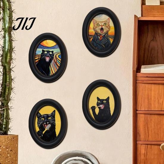 Decorative Wall Accents for Living Room Abstract Art Cat Decor, Oval 2D Wood Framed Funny Painting Unique Prints Print, Vintage Ornament Bedroom Home
