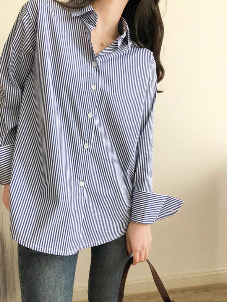 Casual Striped Shirt for Women Long-sleeved Loose Professional Shirt Blue Cardigan Tops Female Clothing Autumn