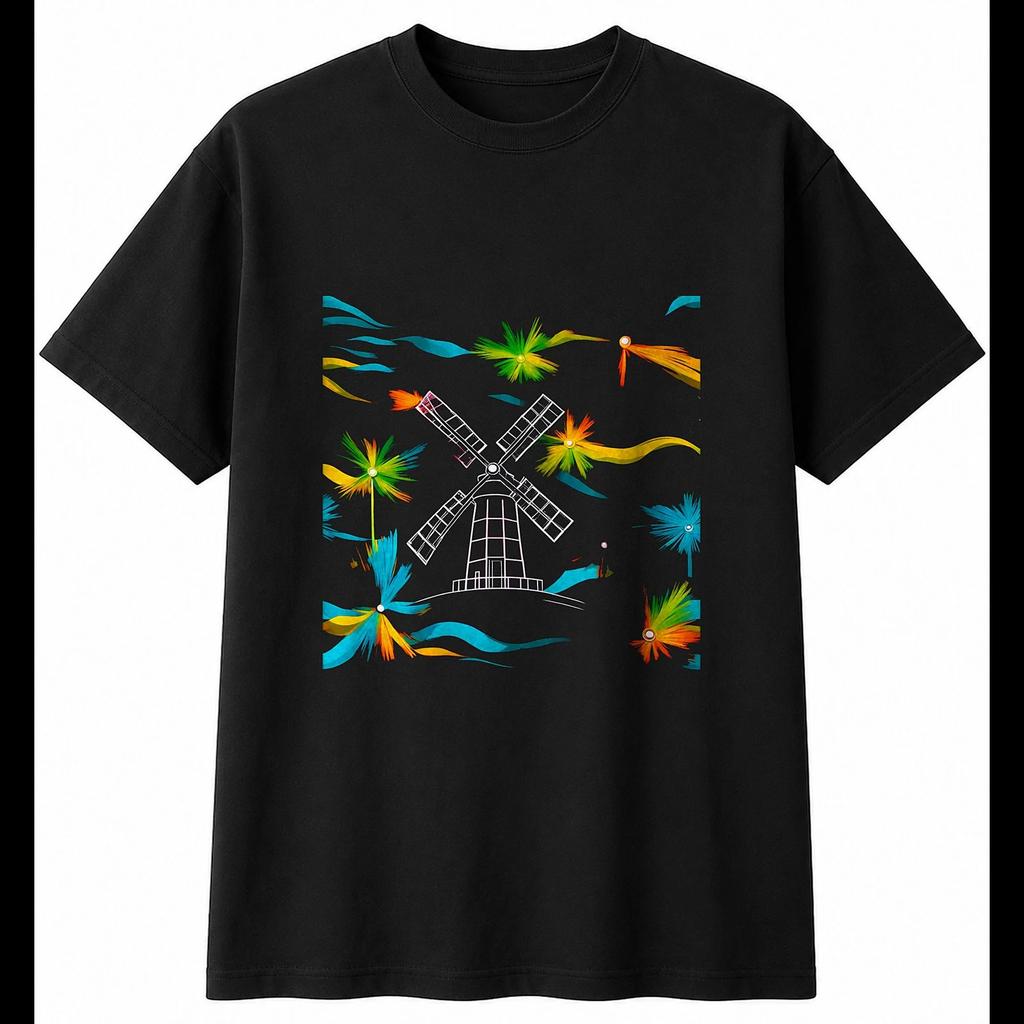 Neon Windmill Windswept Retro Mens T-Shirt Black 100% Cotton Vintage Printed