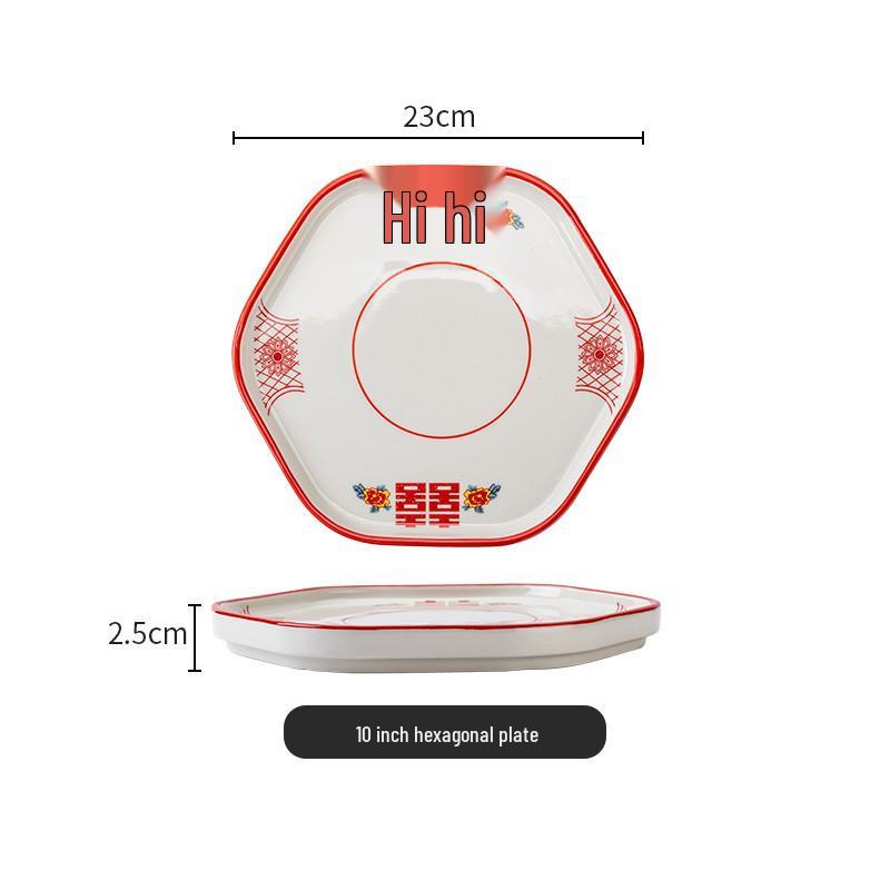 Set di Piatto Rotondo Rosso Ceramica Retrò Doppia Felicità - Piatto Basso, Piatto Piatto, Piatto per Hot Pot, Piatto per Carne, Piatto per Salsa e Piatto per Pesce per Tavola da Ristorante.