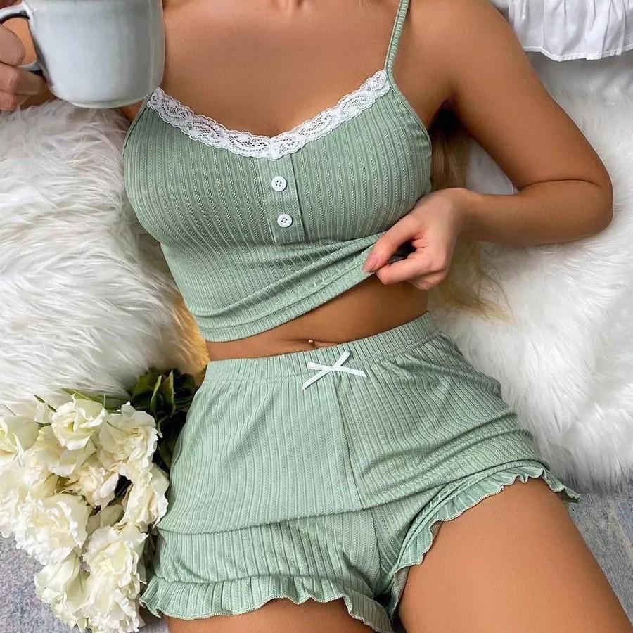 Lace Trim Camisole & Shorts Pajama Set for Women & Teens - Casual & Sexy Homewear Fashion