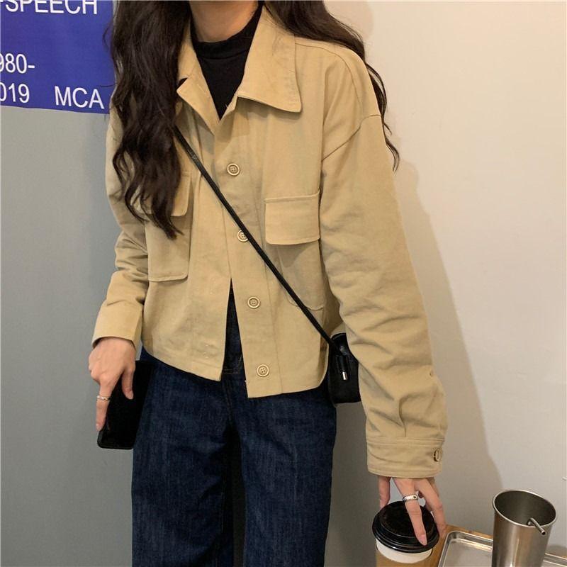 Retro Polo Collar Work Jacket for Women Petite Loose Short Jacket Cardigan Top