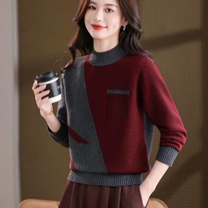 Autumn Winter Women's Crew Neck Thick Knit Sweater Loose Color-block Soft and Skin-friendly Knitted Pullover Top
