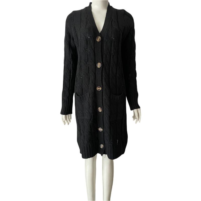 Damen S Lang V-Ausschnitt Knopf Tasche Strick Cardigan Pullover