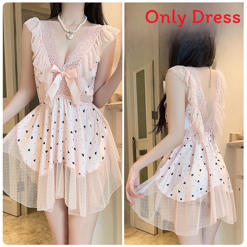 Youth Female Satin Nightdress With Polka Dot Mesh For Home And Hotel
