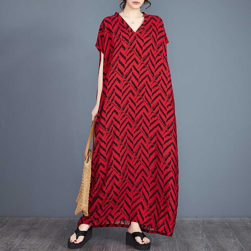 Real Spot Summer New Cotton and Silk Striped Printed Bohemian Robe Dress V-neck Robe Women