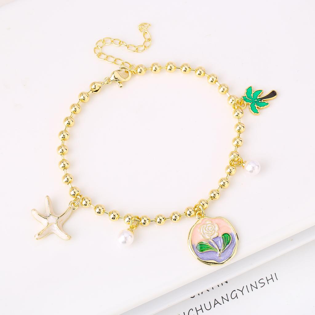 Gold-Plated Starfish Coconut Tree Flower Copper Bead Chain Bracelet Fashion for Women Girls Party Vacation Beach Jewelry Gift
