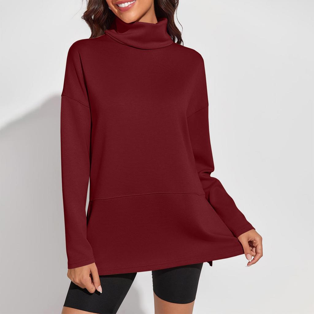 Women's Solid Color Slit Round Neck Sweatshirt Casual Top Loose Long Sleeved Top