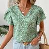 Beach Style Women Tops V Neck Shirts Short Sleeve 2025 Summer Loose Casual Blouses Puff Pleated Work Blouse Fashion Pullover Top