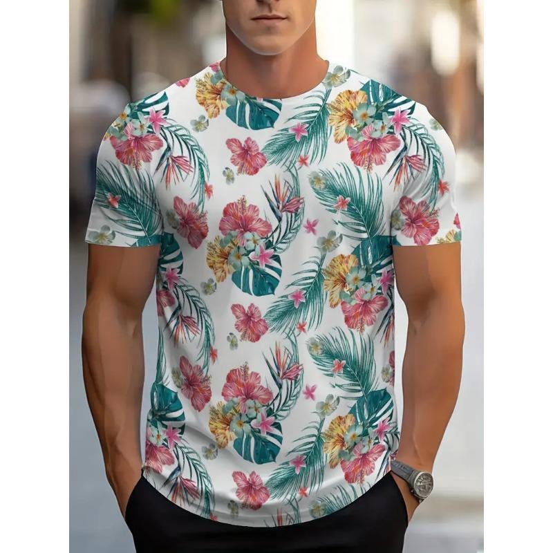 Men's Hawaiian Tropical Flower Print T-shirt Sports Short Sleeved Crew Neck T-shirt for Summer Outdoor Fitness Workout Men's Clothing