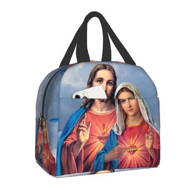 Sacred And Immaculate Hearts Insulated Lunch Bag for Women Jesus and Mary Portable Cooler Thermal Food Lunch Box Camping Travel