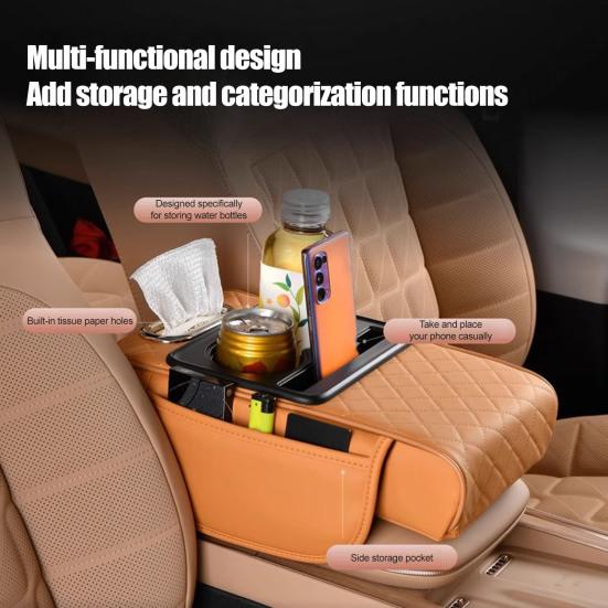 Yousheng Multifunctional Car Armrest Box Faux Leather Armrest Organizer Mat Center Console Cover with Side Pockets Cup Holder Phone Slot Tissue Box