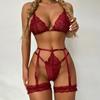 Wine Red Women Lingerie Set Black Garter Belt Lace Bra